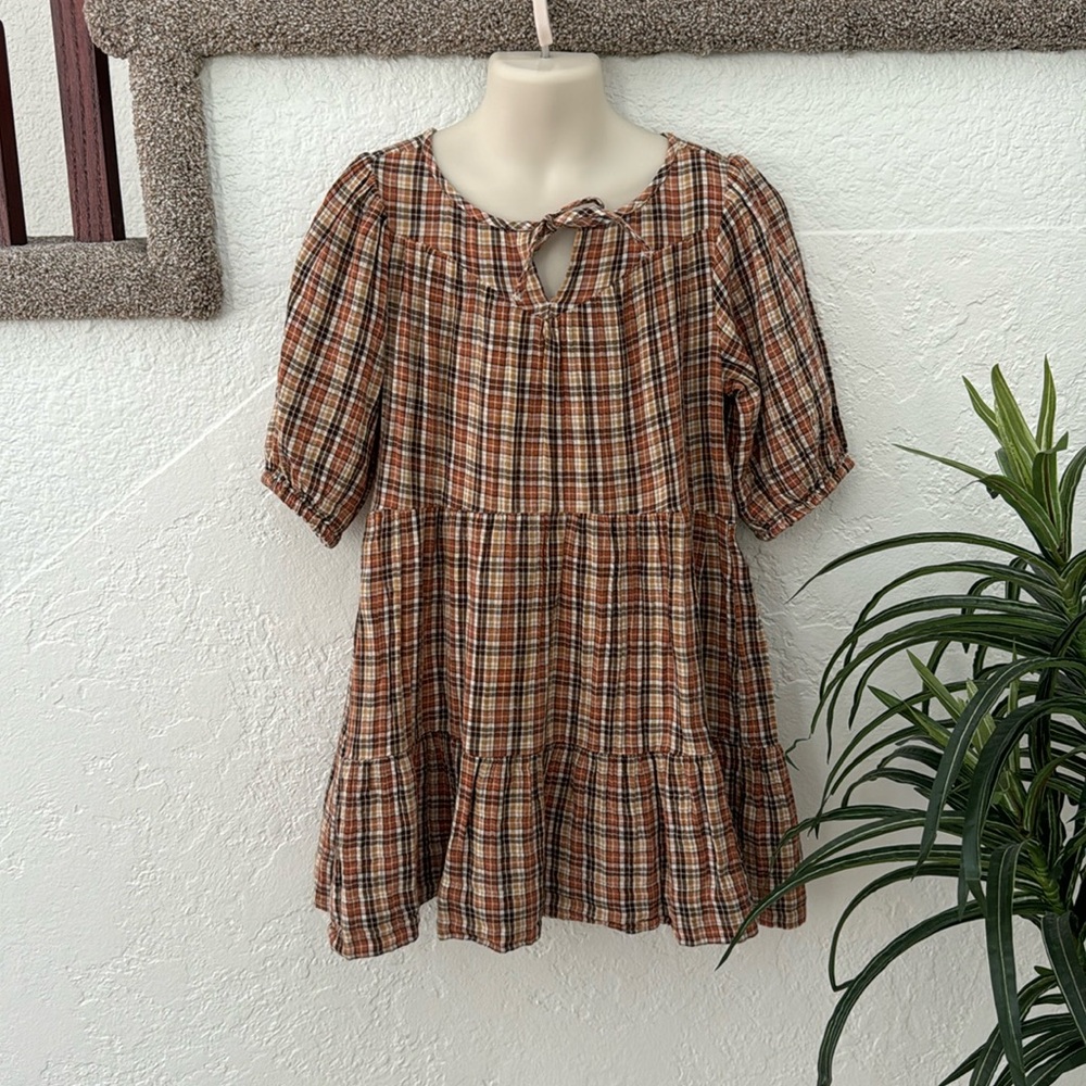 OLD NAVY Girl’s Brown Plaid 3/4 Sleeve Midi Tiered Dress Size 6-7 EUC